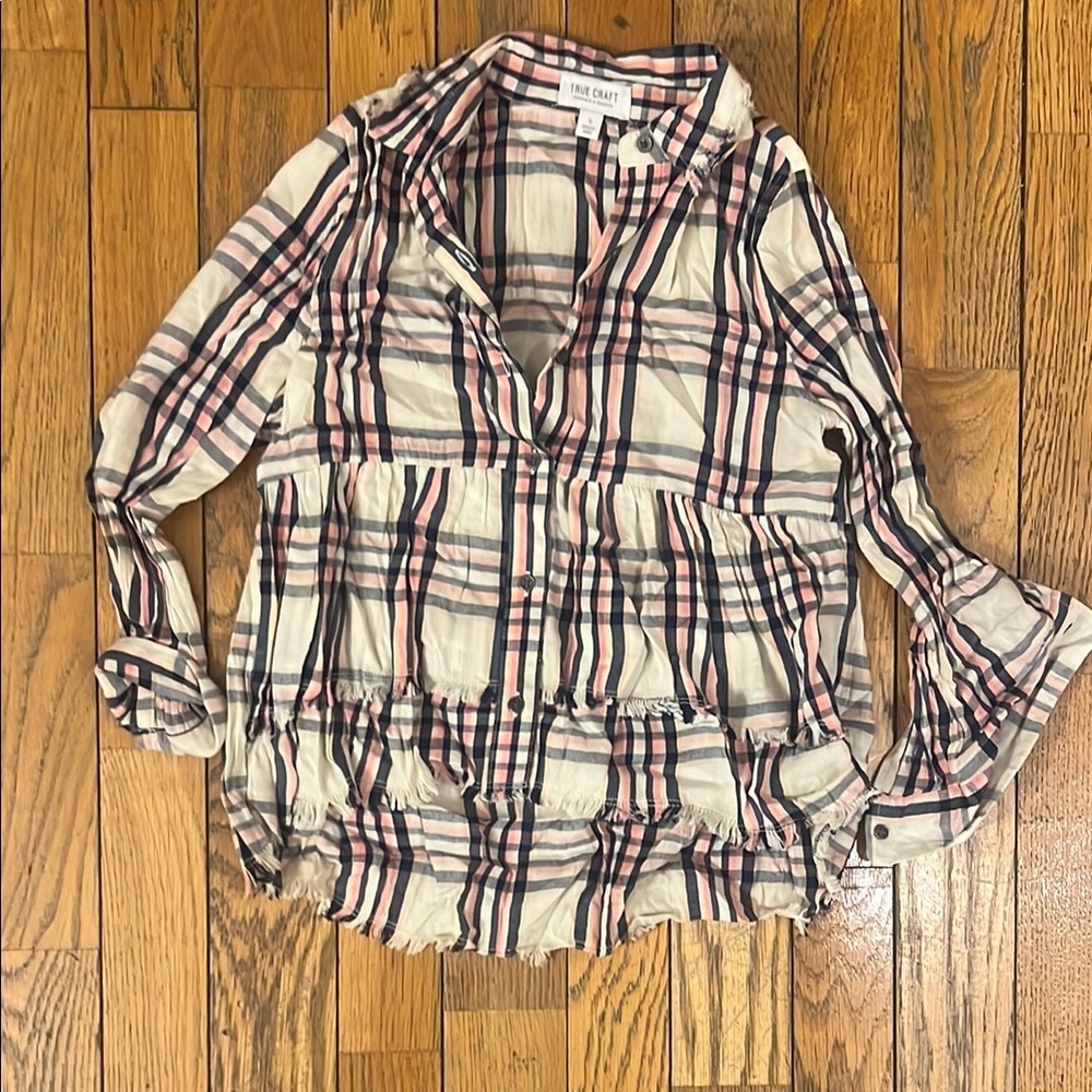 True Craft Cream and Blue Tiered Buttoned Blouse